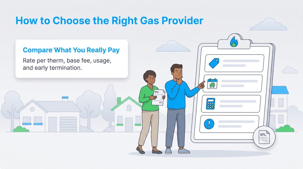 Two people and a checklist for comparing gas provider costs like rates and fees.