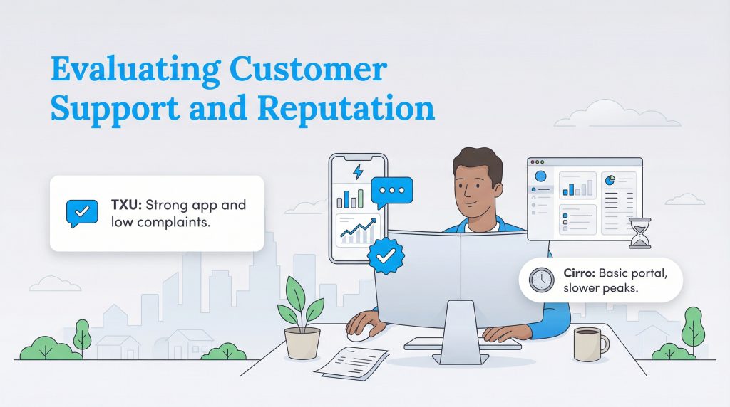 An illustration shows a person at a desk comparing TXU and Cirro customer support, with bubbles highlighting TXU's strong app and low complaints versus Cirro's basic portal and slower peak times.