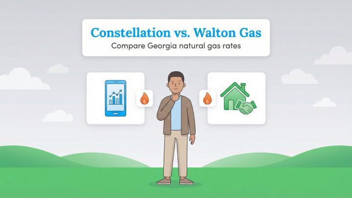 Man contemplates Constellation and Walton Gas options in an infographic comparing Georgia gas rates.
