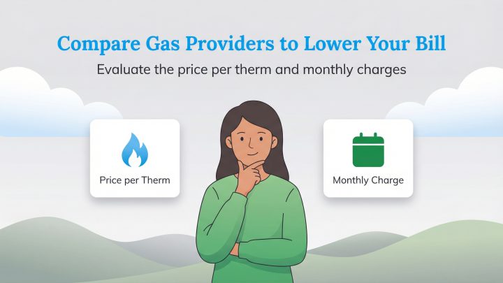 Woman comparing Price per Therm and Monthly Charge options to lower gas bill.