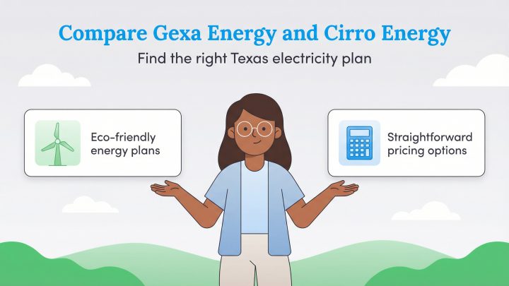 Woman compares eco-friendly plans versus straightforward pricing options from Gexa and Cirro Energy.