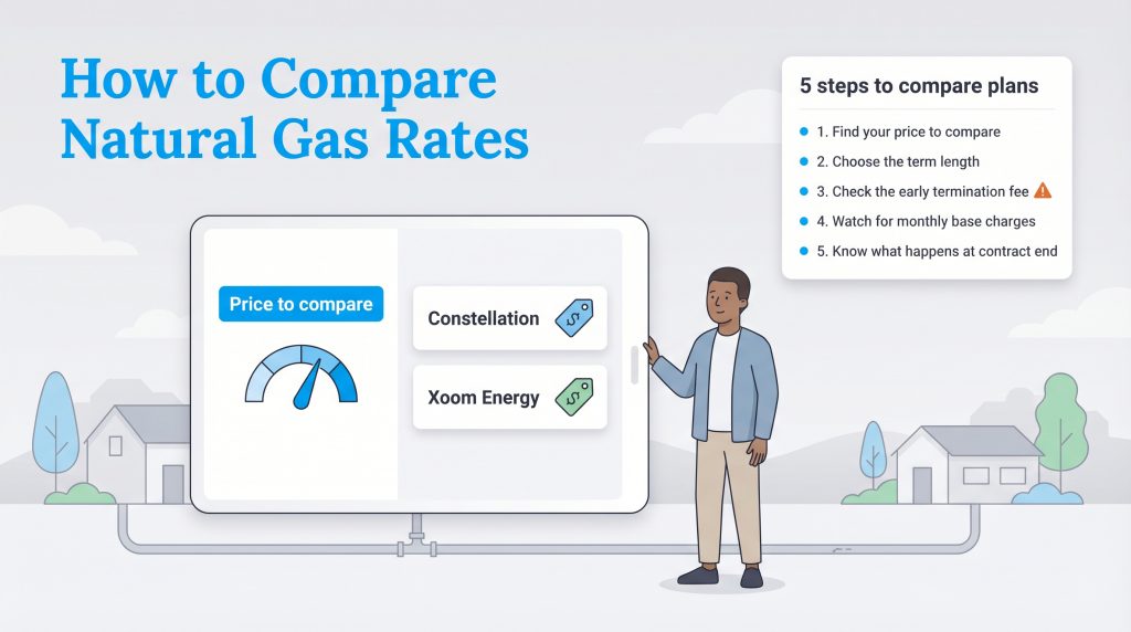 An illustration shows a man comparing natural gas rates on a tablet next to a five-step checklist.