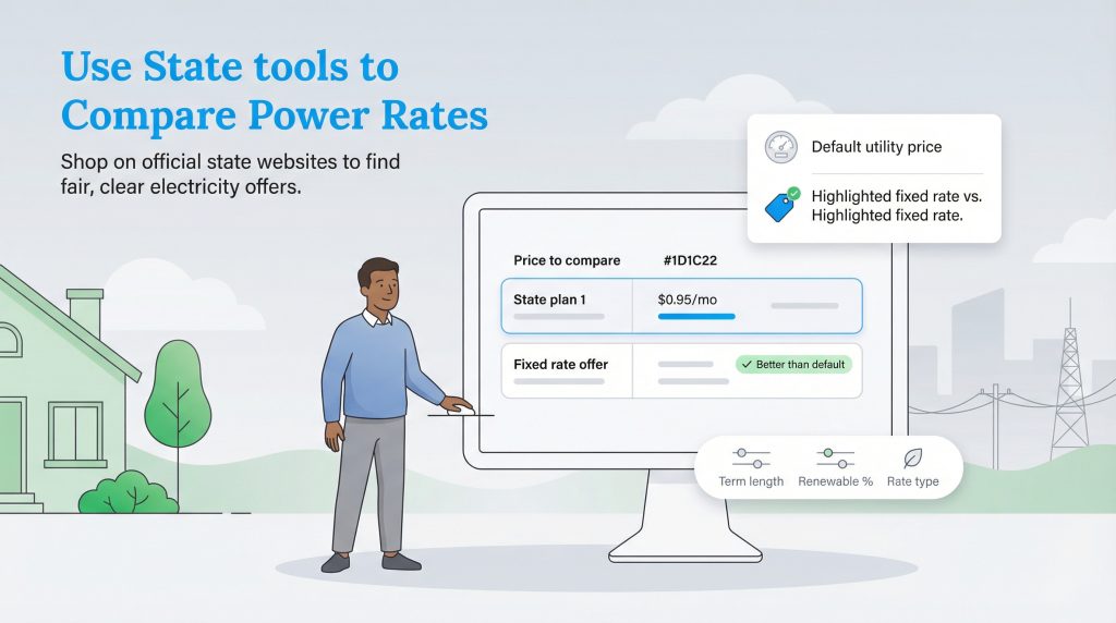 Illustration of a man comparing electricity plans on a computer using an official state website.