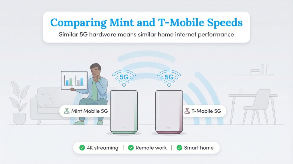 Illustration shows Mint Mobile and T-Mobile 5G gateways offer similar internet speeds and performance.