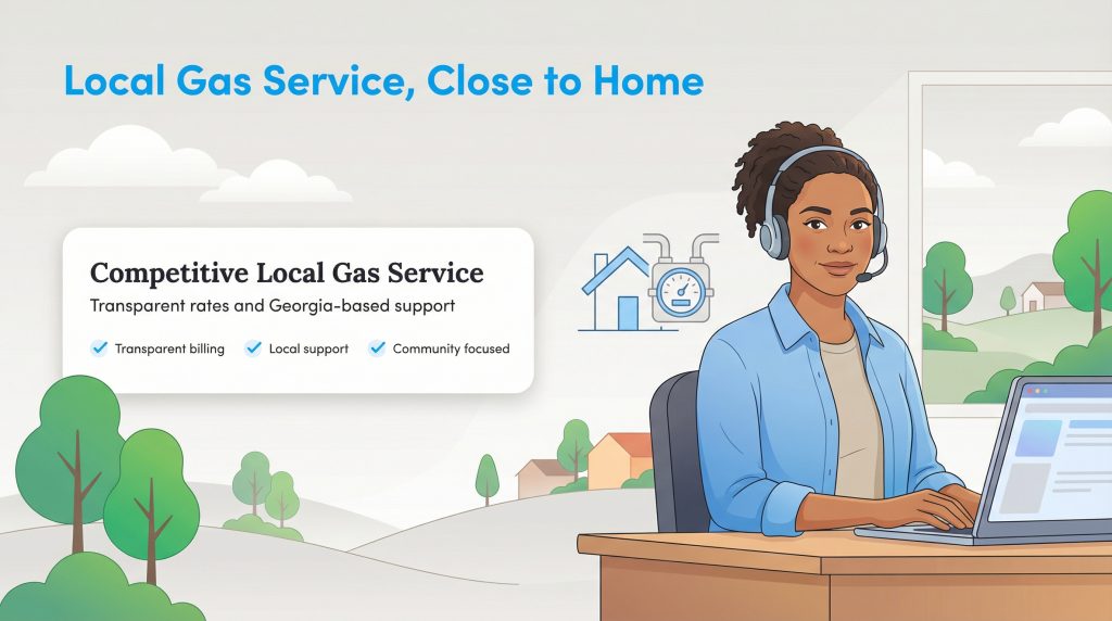 Illustration of a customer service rep and a text box about competitive local gas service.