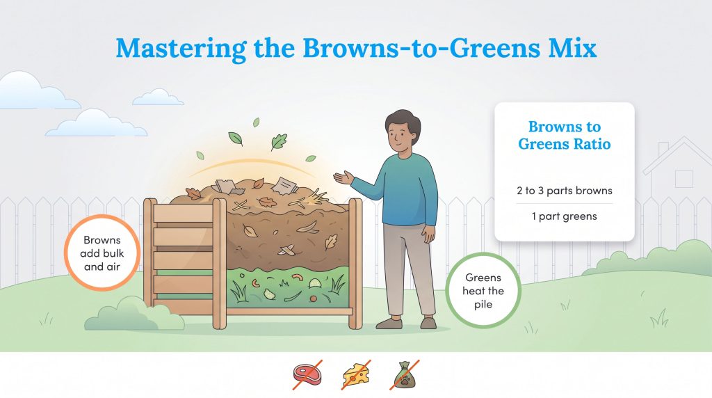 Illustration of a man by a compost bin, showing a 2:1 to 3:1 browns-to-greens ratio with examples of materials.