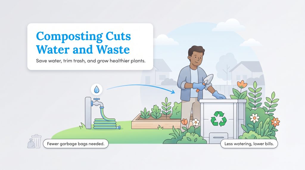 Illustration of a man composting in a garden, showing reduced trash bags and less watering needed.