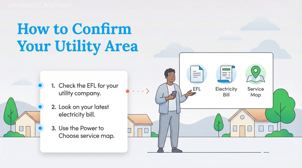 Illustration showing steps to confirm utility area: check EFL, look at a bill, or use service map.