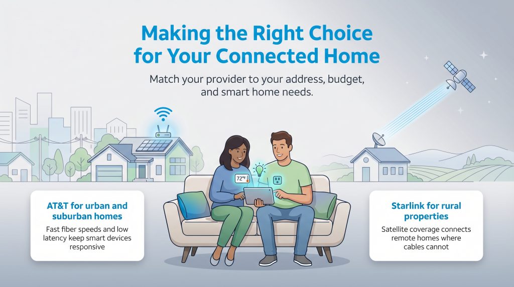Illustration comparing AT&T for urban homes and Starlink for rural properties for powering smart devices.