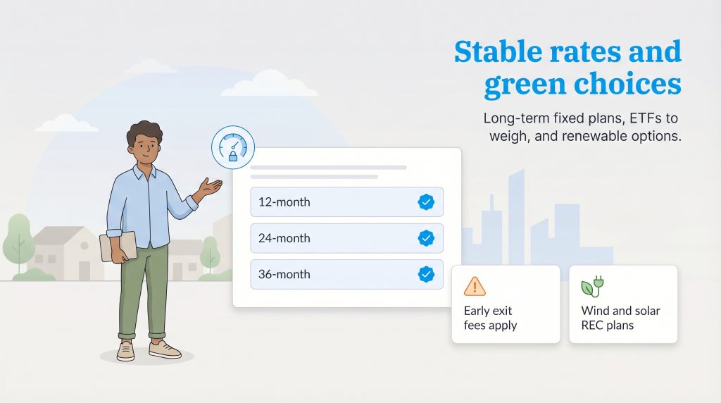 Illustration showing Constellation Energy's long-term fixed-rate plans, early exit fees, and renewable energy options.