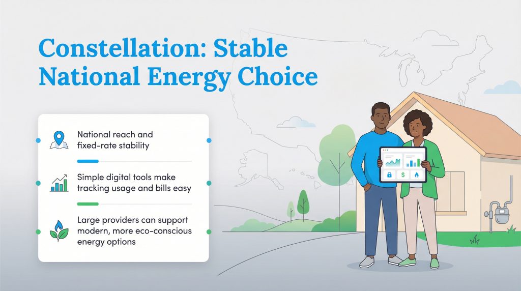 Infographic showing Constellation benefits: national reach, easy digital tools, and eco-options.
