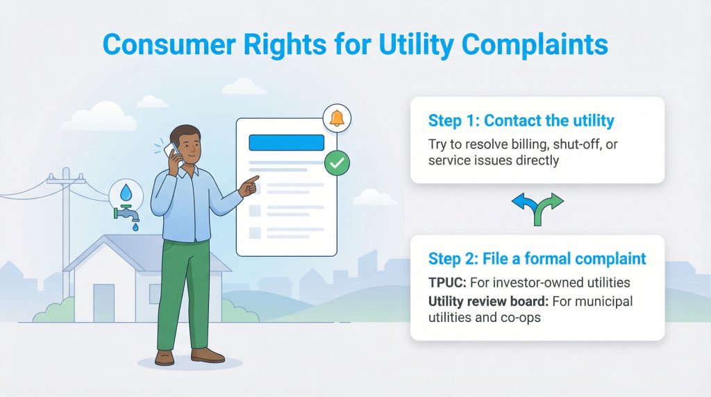 Infographic outlining steps for consumer utility complaints: first contact the utility, then file a formal complaint.