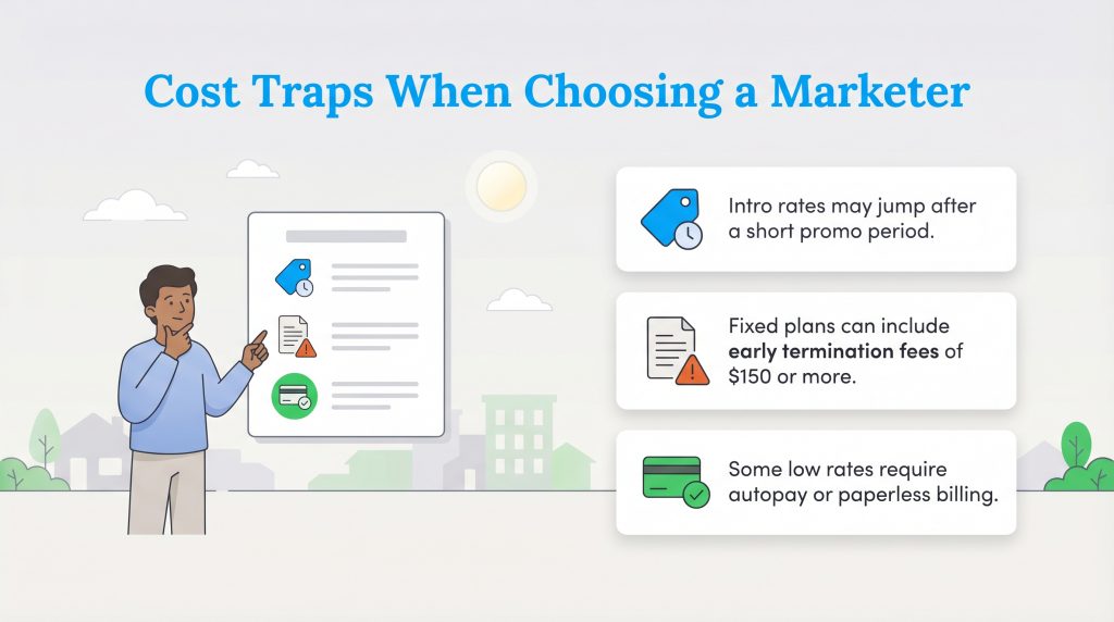 Infographic on cost traps: short intro rates, early termination fees, and autopay requirements.