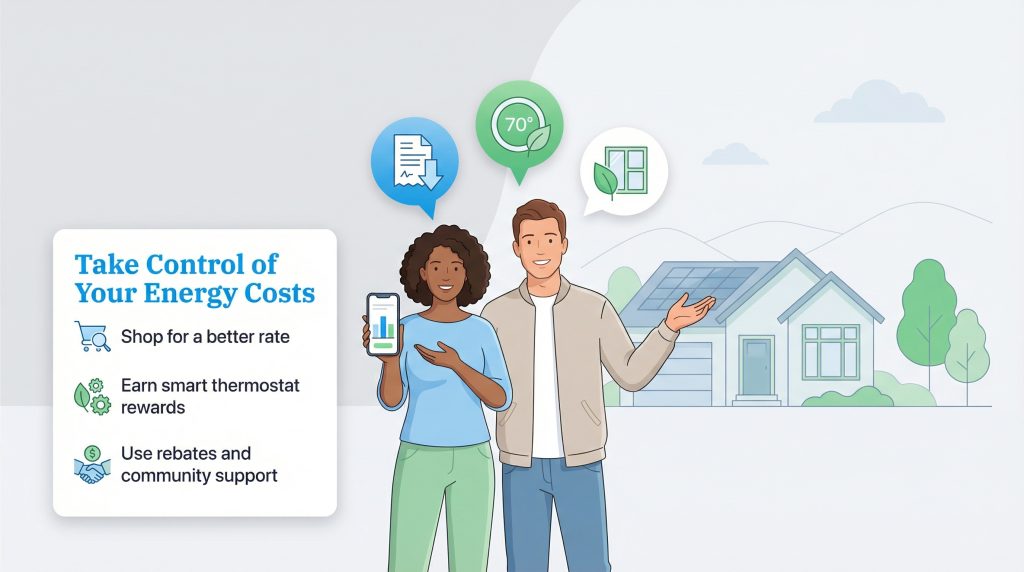 A couple in front of a house with a solar panel, looking at a phone and energy-saving icons. A text box lists tips to 'Take Control of Your Energy Costs'.