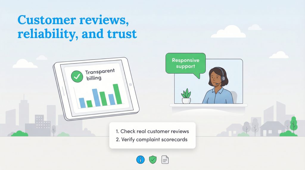 Illustration showing transparent billing on a tablet, responsive support agent, and steps to check reviews and complaint scorecards.