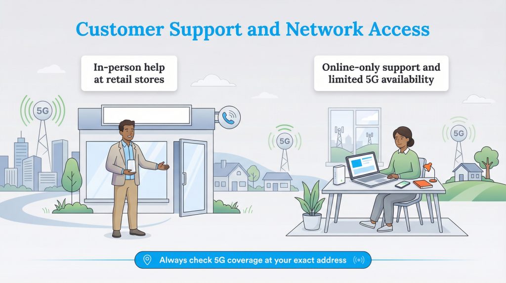 Illustration comparing in-person retail store support with online-only home support for 5G internet, highlighting the need to check coverage.