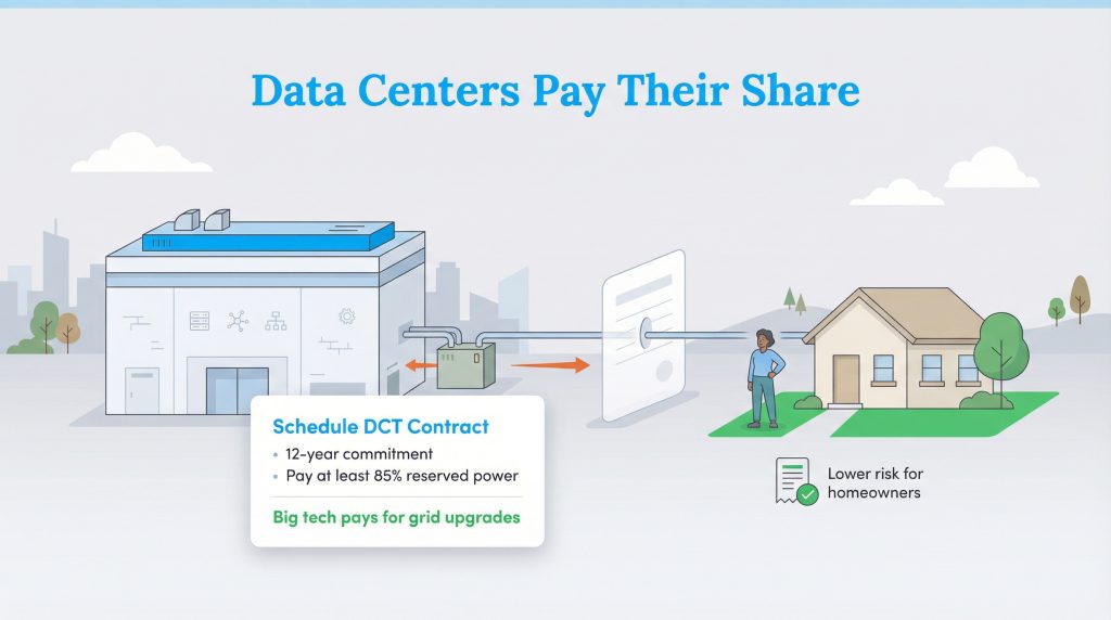 Infographic: Data center contract ensures they pay for grid upgrades, lowering risk for homeowners.