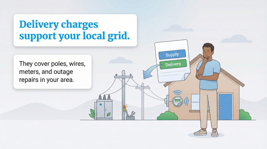 Illustration explains that electric bill delivery charges pay for local grid poles, wires, and meters.