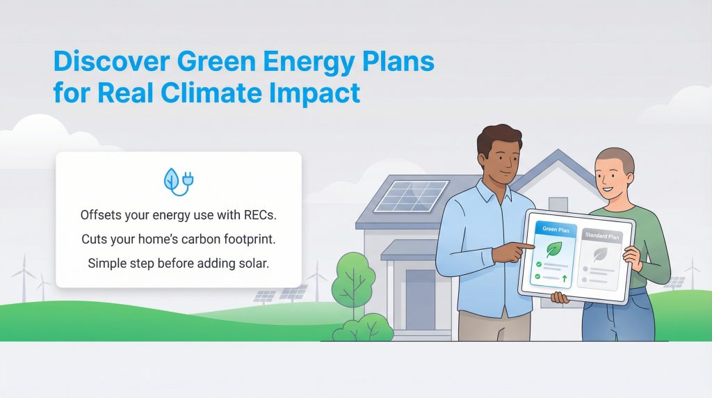 A couple compares green and standard energy plans on a tablet, showing benefits like carbon reduction.