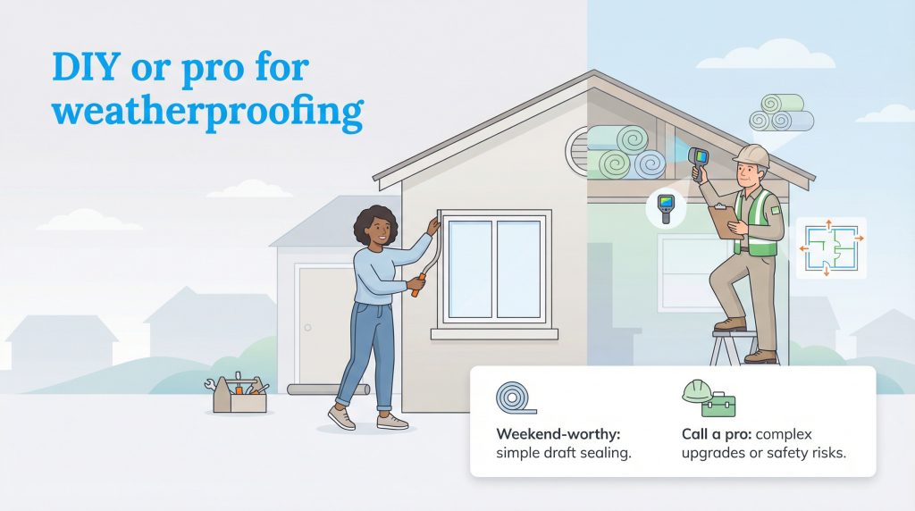 Split image showing a person doing simple DIY sealing and a professional doing complex weatherization.