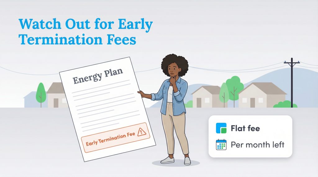 Illustration of a woman reviewing an energy contract with an early termination fee warning highlighted.
