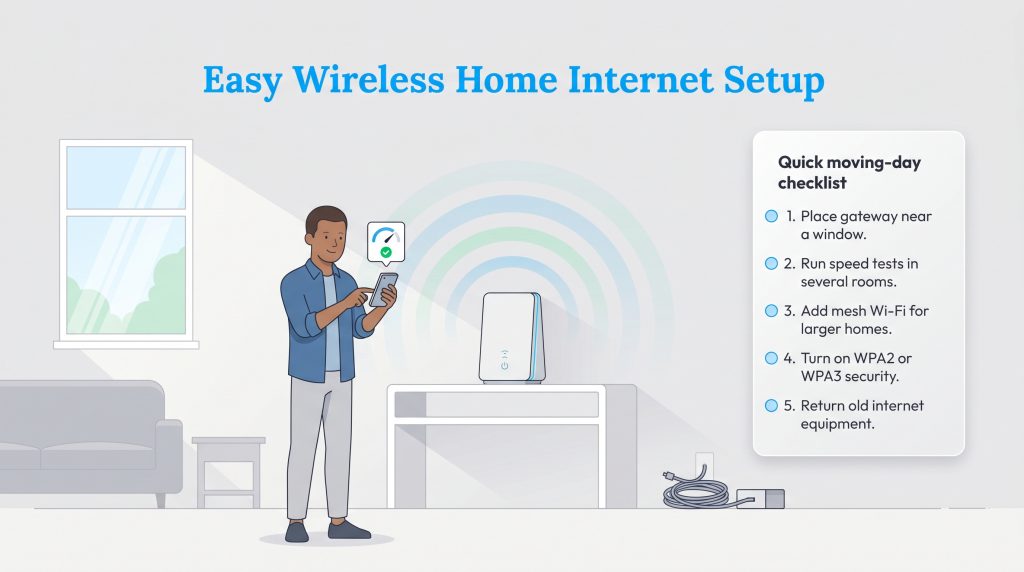 Illustration of a man with a phone and wireless gateway, alongside a quick moving-day setup checklist.