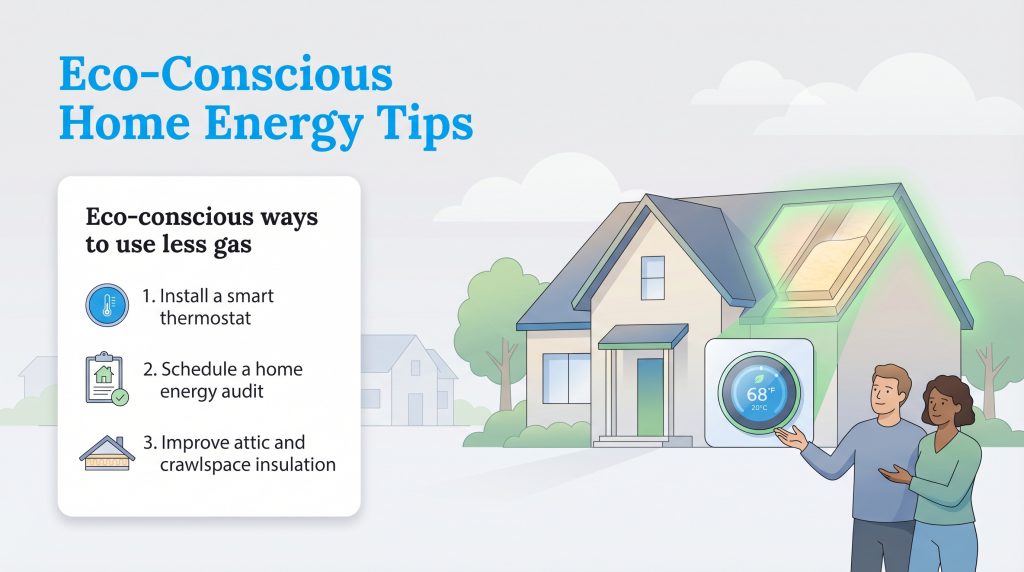 Infographic listing three eco-conscious tips to use less gas in a home.