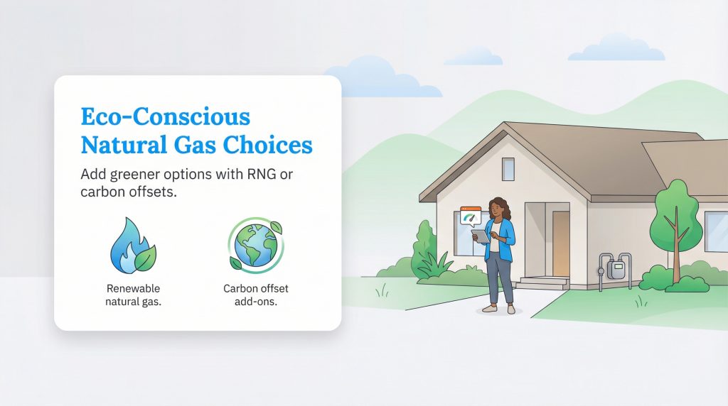 A woman outside a house alongside an infographic about renewable natural gas and carbon offset options.