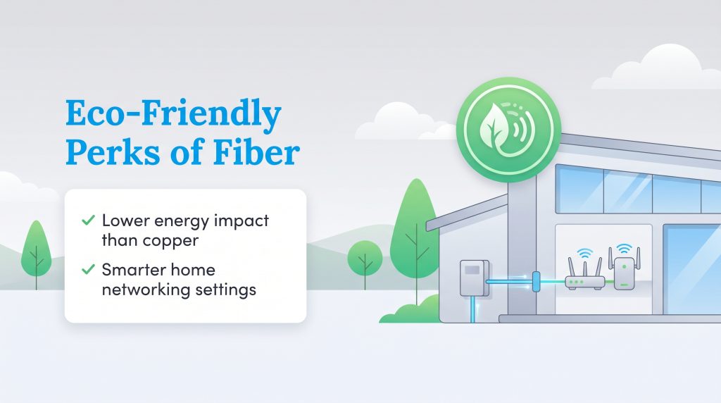 Graphic illustrates fiber internet's eco-friendly perks such as lower energy impact than copper.