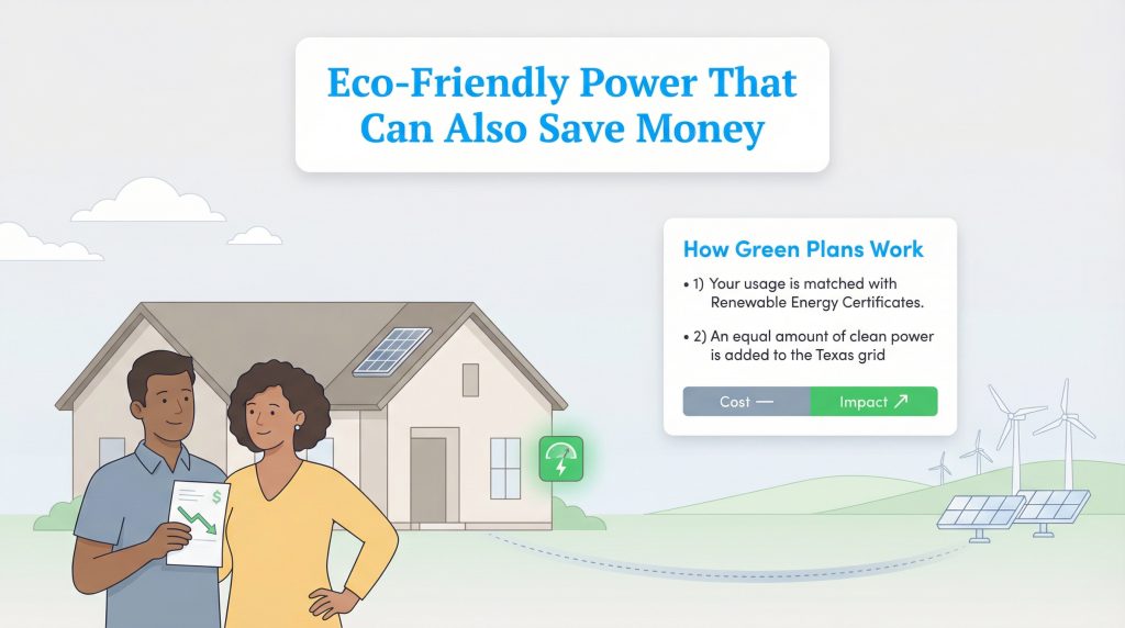 A couple reviews a bill outside a solar-powered home next to an infographic on green power plans.