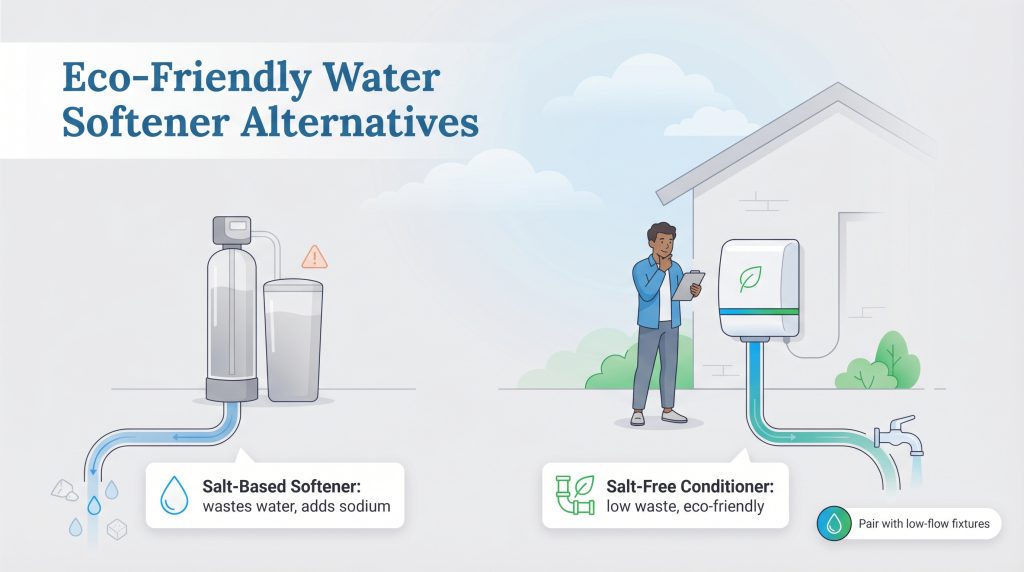 Infographic comparing a water-wasting salt-based softener to a low-waste, eco-friendly salt-free conditioner.