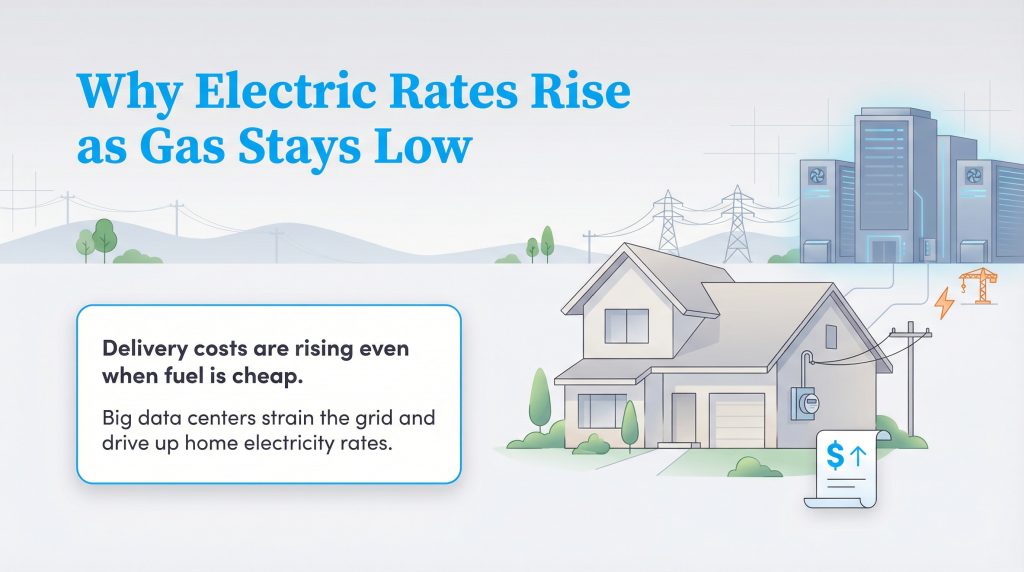 Infographic: Home electric rates rise due to data center grid strain, despite cheap gas.