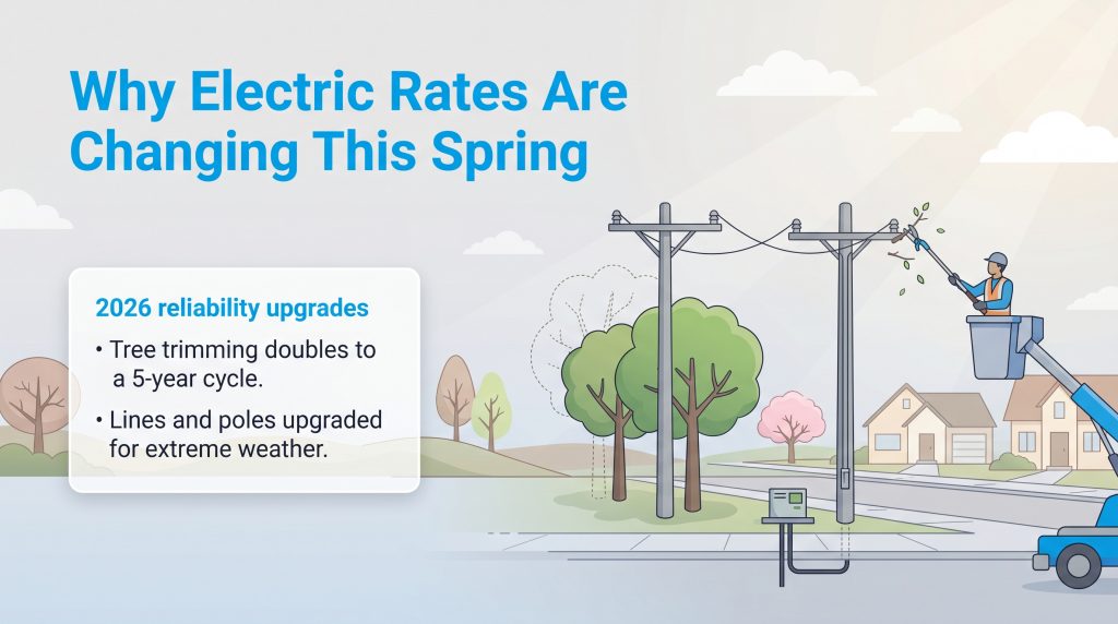 An illustration explaining spring electric rate changes for 2026 reliability upgrades, including doubled tree trimming and upgraded lines.