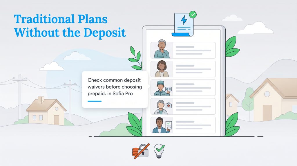 Illustration showing a checklist of people eligible for electricity deposit waivers and a note to check for them.