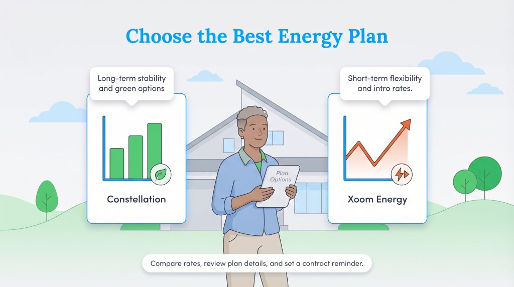 Graphic comparing Constellation stable green options vs Xoom Energy flexible short-term rates.