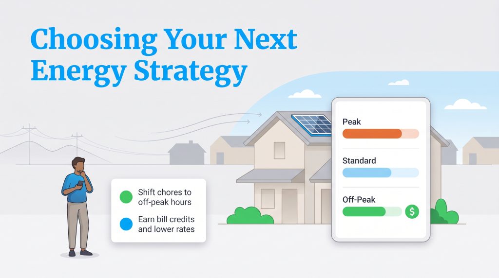 Illustration showing a man considering energy options, a house with solar panels, and a phone display of peak, standard, and off-peak usage.