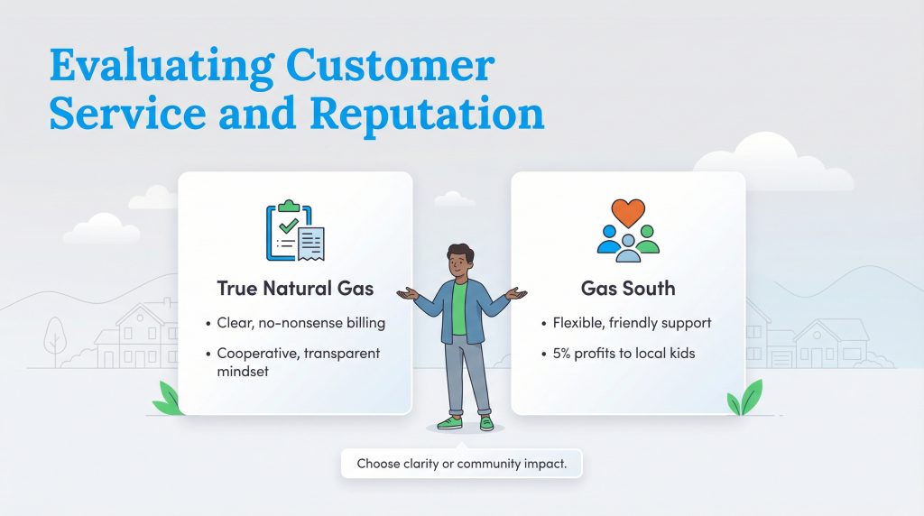 Infographic comparing True Natural Gas billing clarity with Gas South community support.