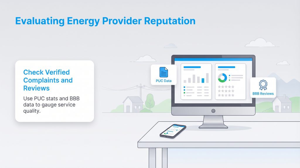 Infographic on evaluating energy provider reputation by checking PUC stats and BBB reviews.