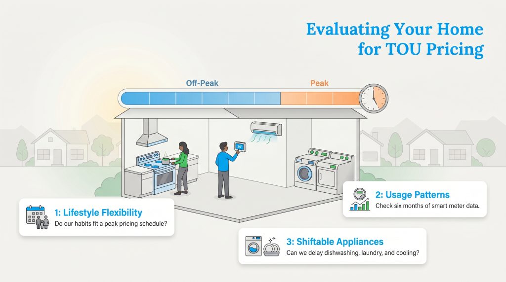 Infographic with a home, a timeline, and three steps for evaluating Time-of-Use pricing suitability.