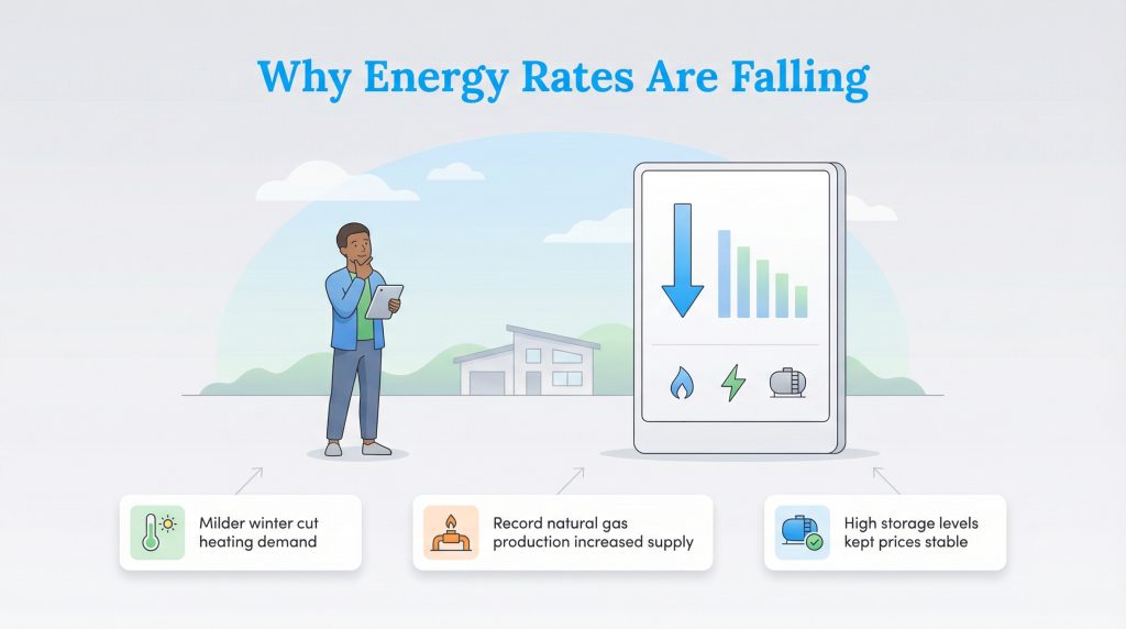 Infographic titled Why Energy Rates Are Falling, detailing reasons like milder winter, record gas production, and high storage levels.