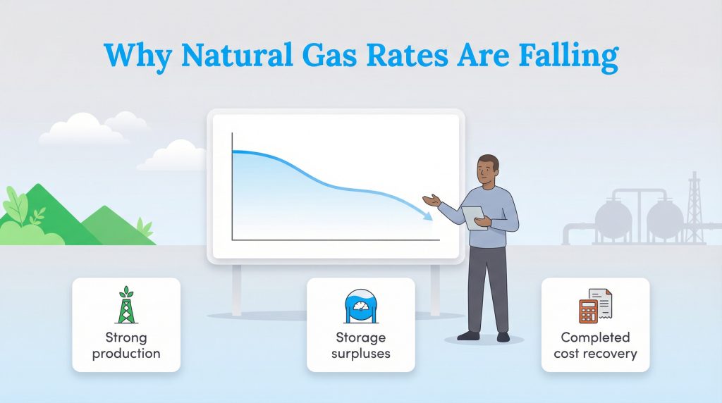 Infographic showing why natural gas rates are falling due to strong production, storage surpluses, and completed cost recovery.