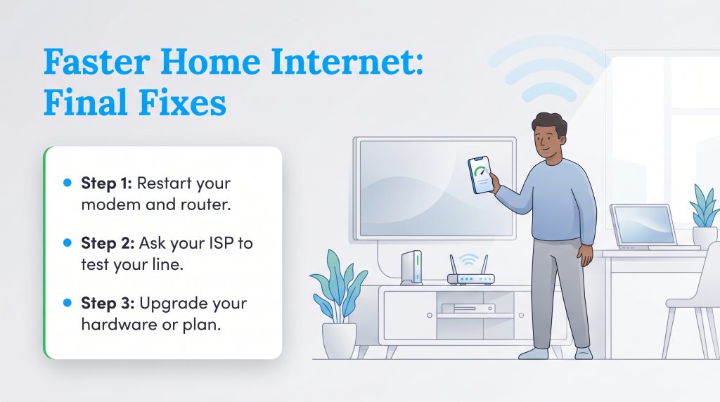 Infographic with three final steps for faster home internet: restart network, contact ISP, and upgrade equipment or plan.