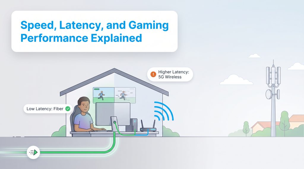 Illustration compares low-latency fiber (green line) to higher-latency 5G wireless for gaming.