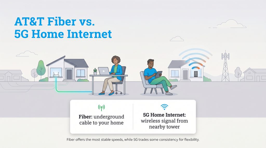 Comparison of Fiber internet using an underground cable versus 5G internet using wireless signals.