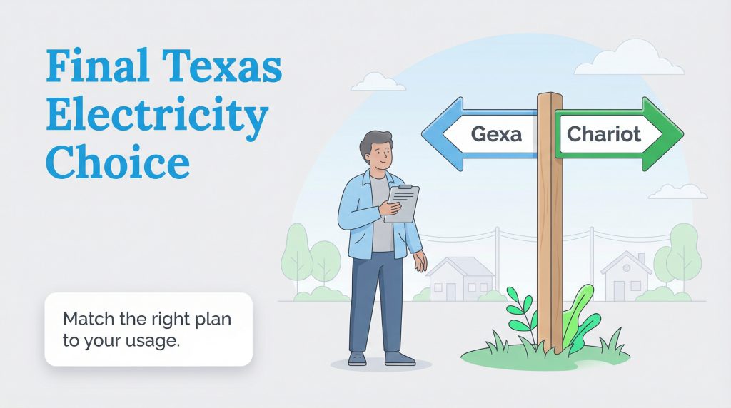 An illustration of a man at a crossroads sign with arrows pointing to Gexa and Chariot, titled Final Texas Electricity Choice.