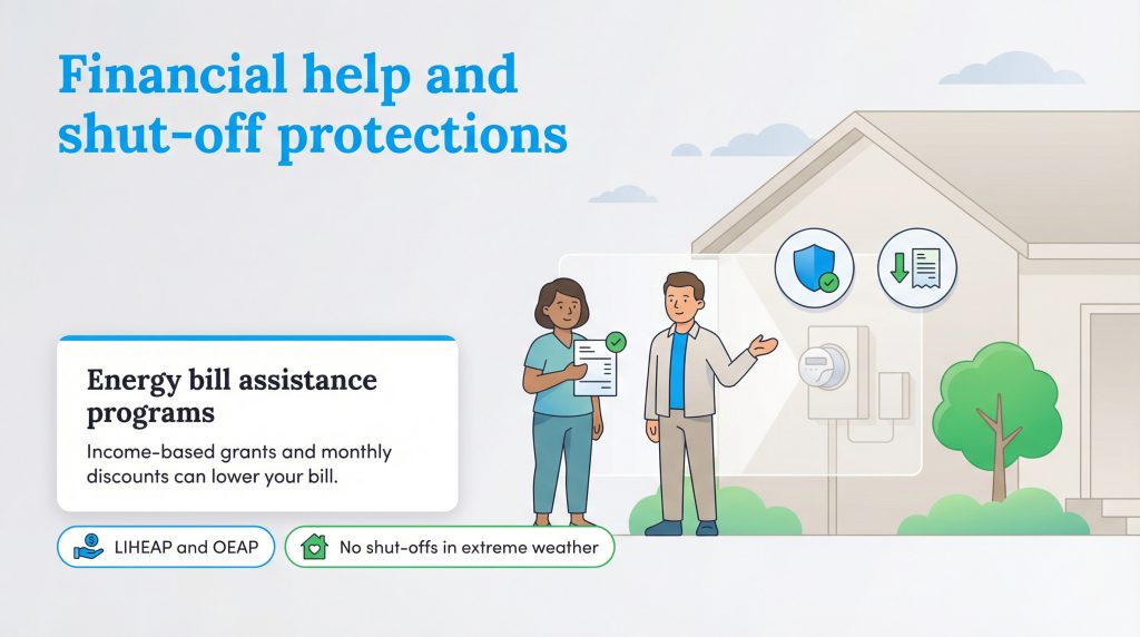 An illustration showing two people outside a house, with text about energy bill assistance programs and shut-off protections.