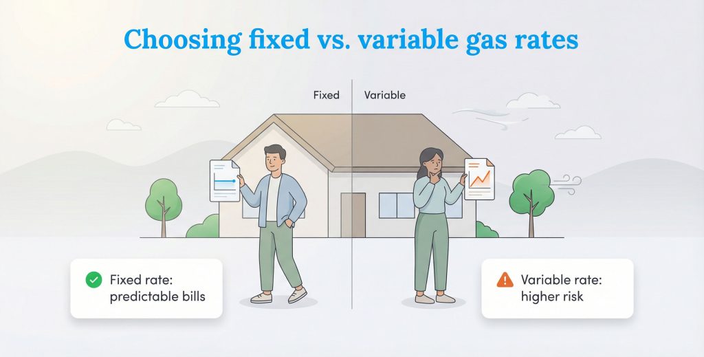 Split illustration contrasting a man with predictable fixed-rate gas bills and a woman facing variable-rate risks.