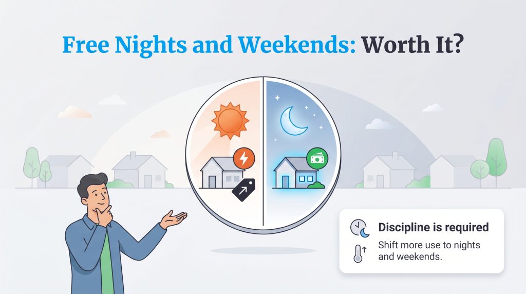 Infographic comparing expensive daytime electricity with free night and weekend rates, noting that discipline is required.