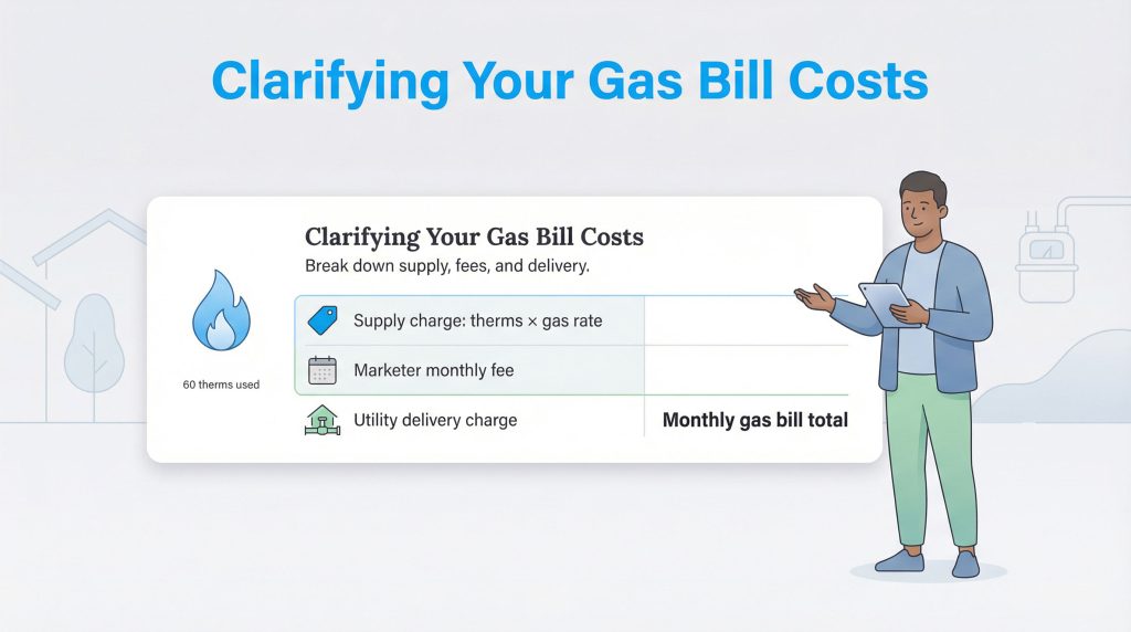 Infographic showing a gas bill is the sum of supply, marketer, and utility delivery charges.