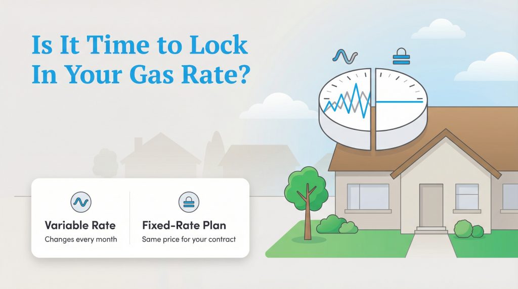 Infographic comparing variable gas rates with fixed-rate plans for a home.